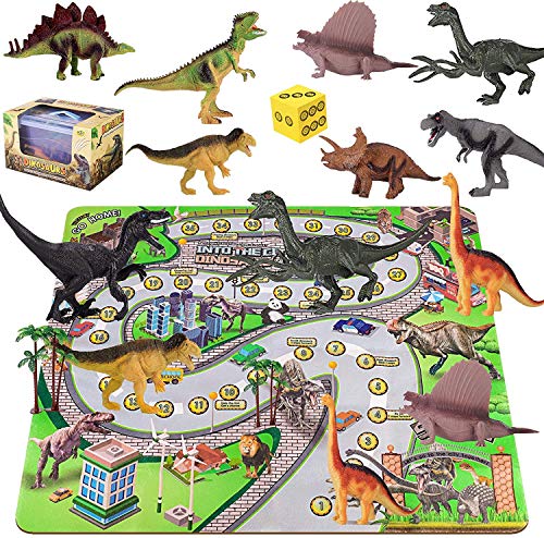 Juego de juguetes de dinosaurio con alfombra de juego, seguro para crear un mundo jurásico para niños y niñas de 2 a 7 años (figura de dinosaurios con alfombra de juego)