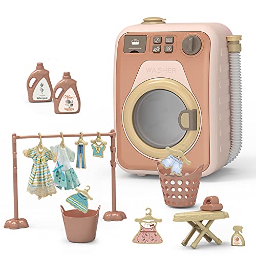 Juego de Lavadora y Secadora para NiñOs, Juego de Limpieza para NiñOs, Mini SimulacióN de Cocina,Juego de Lavadora ElectróNica con Tabla de Planchar,Ropa, Perchas y Mucho MáS(Color:Pink 1 Set)