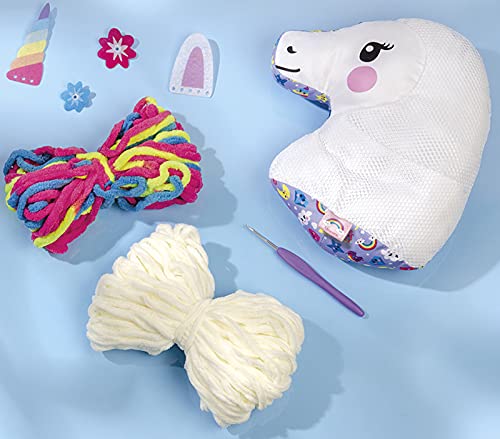 Juego de manualidades de unicornio: cojín de unicornio arcoíris con hilo suave y aguja de ganchillo, regalo para niños