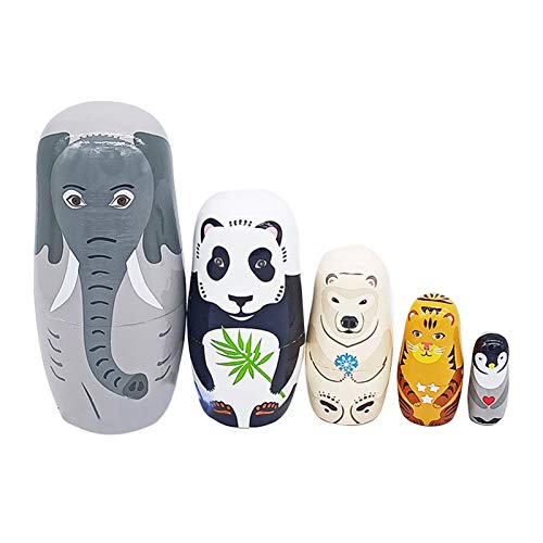 Juego de muñecas de anidación tradicional ruso, 5 unids/set de dibujos animados elefante panda oso tigre pingüino matryoshka regalo anidación muñeca