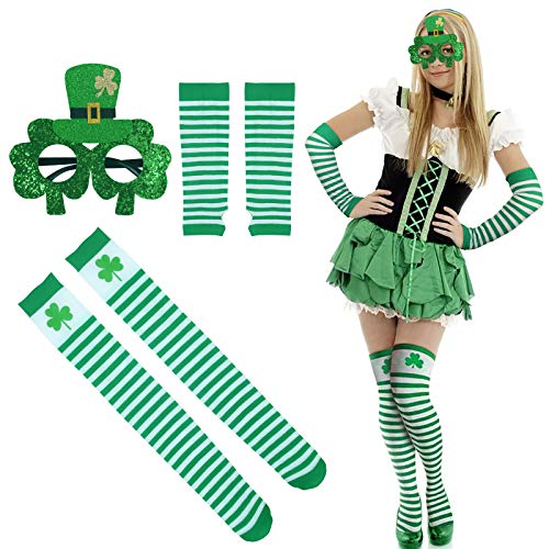 Juego de San Patricio Accesorios CHIFOOM 3PCS Conjunto de Decoración de Día de San Patricio, Gafas de Trébol, Guantes de Trébol, Calcetines de Trébol, Disfraz de Fiesta de Foto Verde