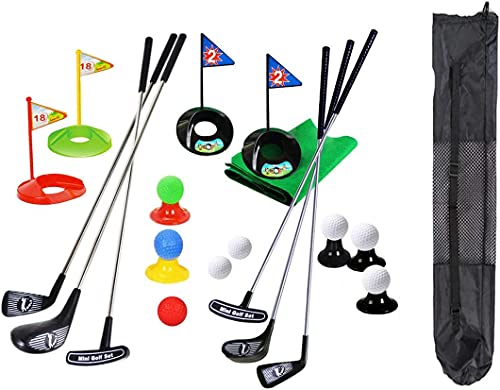 Juego portátil de palos de golf para niños, alfombrilla de bandera de juguete, pelotas de práctica de golf, 29 piezas, juego de golf deportivo para interiores y exteriores para niños con mochila