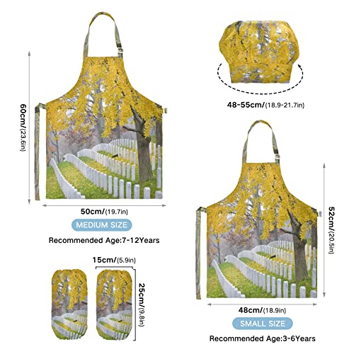 Juegos de cocina para niños Cementerio nacional de Arlington bajo el árbol de ginkgo amarillo Juego de hornear para niños, paquete de 3 trajes de chef ajustables para niños, perfecto para cocinar, ho