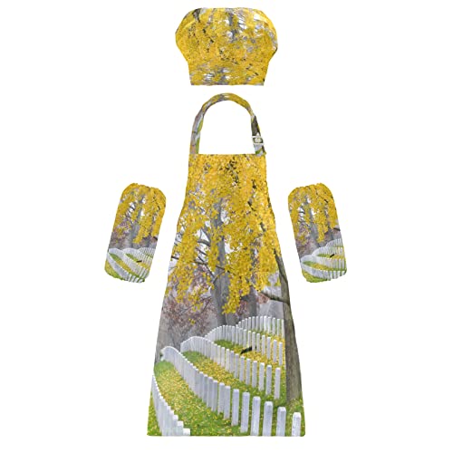 Juegos de cocina para niños Cementerio nacional de Arlington bajo el árbol de ginkgo amarillo Juego de hornear para niños, paquete de 3 trajes de chef ajustables para niños, perfecto para cocinar, ho