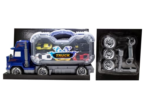 Juguete Camión de Transporte,Transportador Coches de Juguetes con 5pcs Accesorios,y 6pcs Mini Coches, Cumpleaños Fiestas Regalo para Niños Niñas de 3 a 12 (Azul Y Negro)