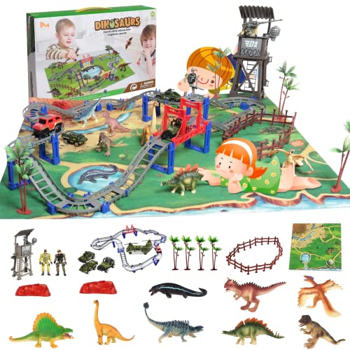 Juguetes De Dinosaurios JurAsico Mundial Figura 25 Piezas | Juego De Tren De Pista De Coche De Carrera Realista para Niños, Juego De Dinosaurio Juguete Educativo De Aprendizaje para Niñas & Niños