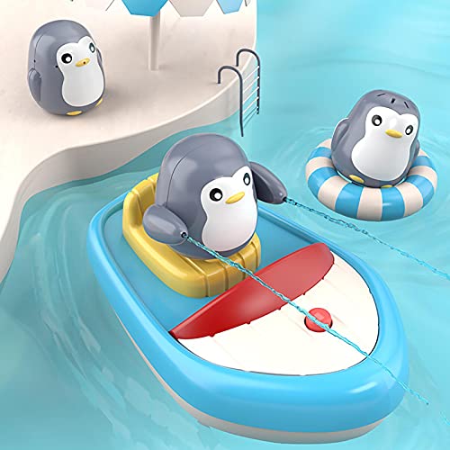 Juguetes de pingüino de baño para bebés, 4 piezas de juego de juguetes de barco que incluyen un barco de baño con pilas y 3 juguetes de pingüino de baño, regalos de cumpleaños para niños y niñas N/a/a