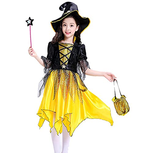 Julhold Disfraz de Halloween para niñas de bruja mago cosplay disfraz de fiesta de fiesta (amarillo (vestido + sombrero + varita mágica + bolsa de caramelos), 12 a 13 años)