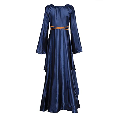 Julhold Vestido medieval para mujer, disfraz de bruja gótica de Halloween, manga larga, vestido vintage con cuerda de cintura alta para cosplay (azul oscuro, XL)