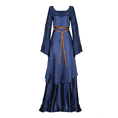 Julhold Vestido medieval para mujer, disfraz de bruja gótica de Halloween, manga larga, vestido vintage con cuerda de cintura alta para cosplay (azul oscuro, XL)