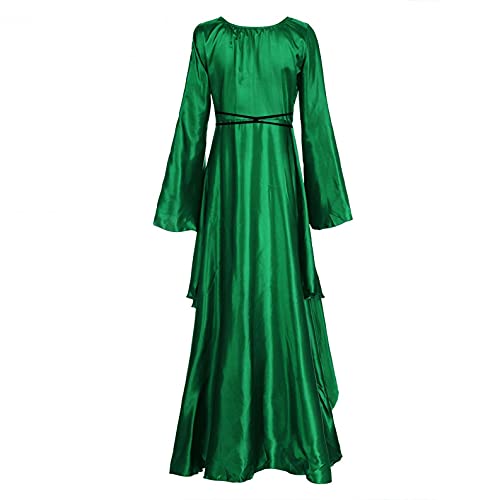 Julhold Vestido medieval para mujer, disfraz de bruja gótica de Halloween, manga larga, vestido vintage con cuerda de cintura alta, vestido maxi para cosplay (verde, M)