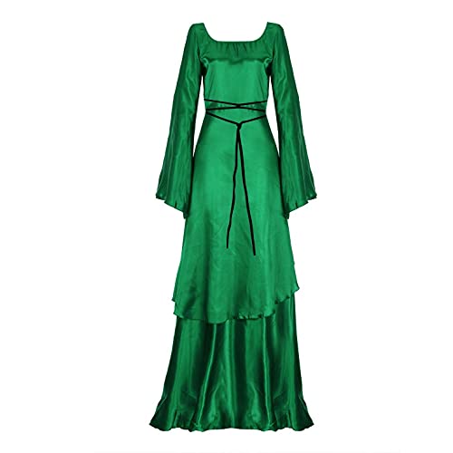 Julhold Vestido medieval para mujer, disfraz de bruja gótica de Halloween, manga larga, vestido vintage con cuerda de cintura alta, vestido maxi para cosplay (verde, M)