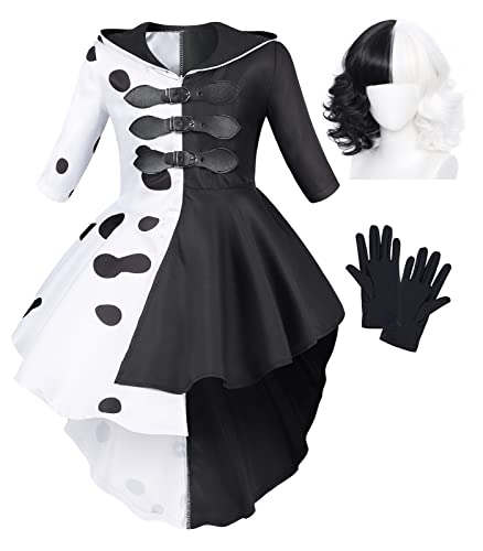 Jurebecia Disfraz de Cruella Deville Niño Cruella Peluca de Chicas Disfraz Cruella Niñas Vestido Carnaval Halloween Nero 5-6 Años