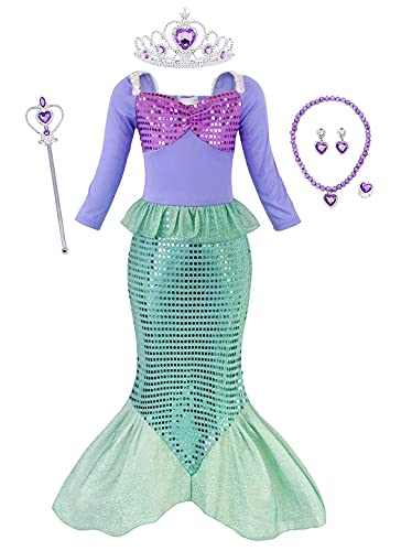 Jurebecia Mermaid Costume Niñas Vestir Fiesta de Lujo Cumpleaños Cosplay Dress Niños Vestidos con Accesorios 2-3 Años