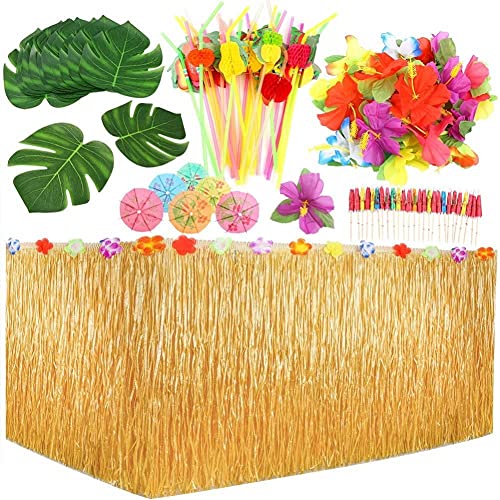 KAHEIGN 109Piezas Juego de Decoración de Fiesta Hawaiana Luau, 9 Pies Falda de Mesa Hawaiana, Hojas de Palma, Flores Hawaianas, Sombrillas Multicolores Pajitas de Frutas 3D