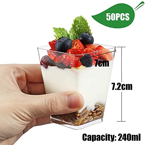 KAHEIGN 50Pzs Mini Tazas De Postre, 240ml Vasos De Postre Cuadrados De Plástico Taza De Aperitivo Transparente Para Parfait Tazón De Servir Reutilizable Para Fiesta De Mousse De Pudín De Postre