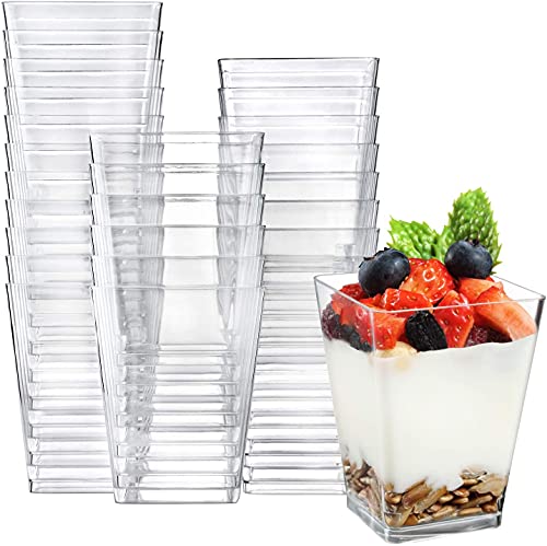 KAHEIGN 50Pzs Mini Tazas De Postre, 240ml Vasos De Postre Cuadrados De Plástico Taza De Aperitivo Transparente Para Parfait Tazón De Servir Reutilizable Para Fiesta De Mousse De Pudín De Postre