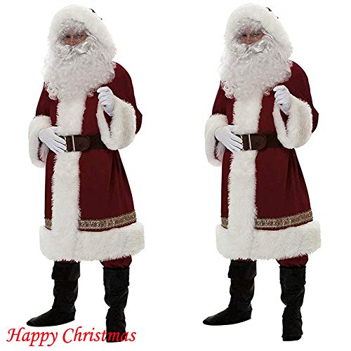 Kaizizi - Traje de Papá Noel para hombre, 5 piezas Disfraz navideño de Papá Noel para hombre adulto, incluye barba y prendas clásicas navideñas de franela para cosplay