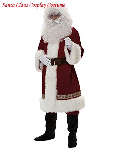 Kaizizi - Traje de Papá Noel para hombre, 5 piezas Disfraz navideño de Papá Noel para hombre adulto, incluye barba y prendas clásicas navideñas de franela para cosplay