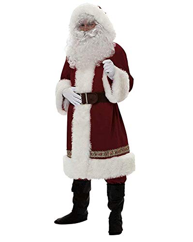 Kaizizi - Traje de Papá Noel para hombre, 5 piezas Disfraz navideño de Papá Noel para hombre adulto, incluye barba y prendas clásicas navideñas de franela para cosplay