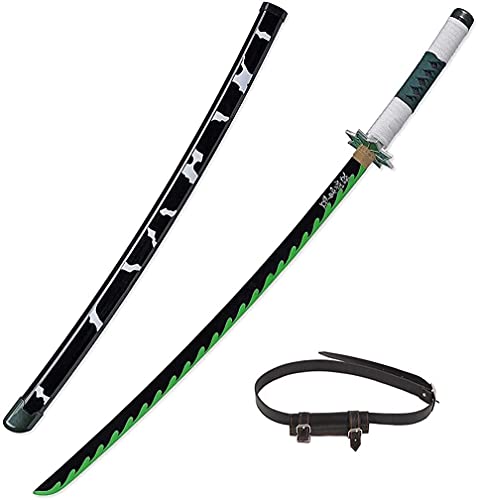 Katana de madera de dibujos animados, espada samurái, accesorios para armas, juguetes de anime, fanáticos del anime (ABS + bambú) Ninja, adecuado para cosplay Demon Slayer Shinazugawa Sanemi Katana