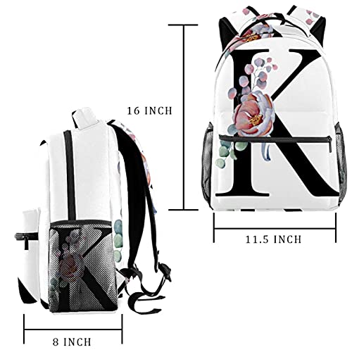 KeepCart Mochila Mochila Mochila Mochila escolar Senderismo Mochila Aprender Alta capacidad y lindo al aire libre Letra de alfabeto de peonía floral k para hombre y mujer