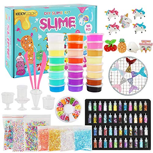 KIDDYCOLOR Slime Kit de Bricolaje, 108 Piezas de Slime para niños, con 18 Crystal Slime, 6 Slime Esponjoso, 48 Glitter Powder, Art Craft Toys Regalos para niños de 5 años o más