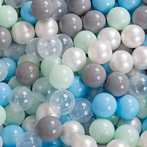 KiddyMoon 100 ∅ 7Cm Bolas Colores De Plástico para Piscina Certificadas para Niños, Perla/Gris/Transparente/Azul Celeste/Menta