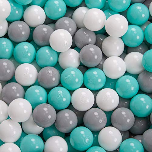 KiddyMoon 200 ∅ 7Cm Bolas Colores De Plástico para Piscina Certificadas para Niños, Blanco/Gris/Turquesa Clara