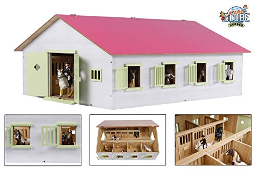 Kids Globe 610189 - Granja con 7 Cajas para Caballos, Madera con Techo Plegable, 1:24, Color Rosa