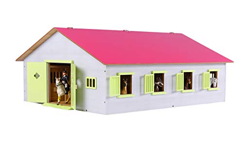 Kids Globe 610189 - Granja con 7 Cajas para Caballos, Madera con Techo Plegable, 1:24, Color Rosa