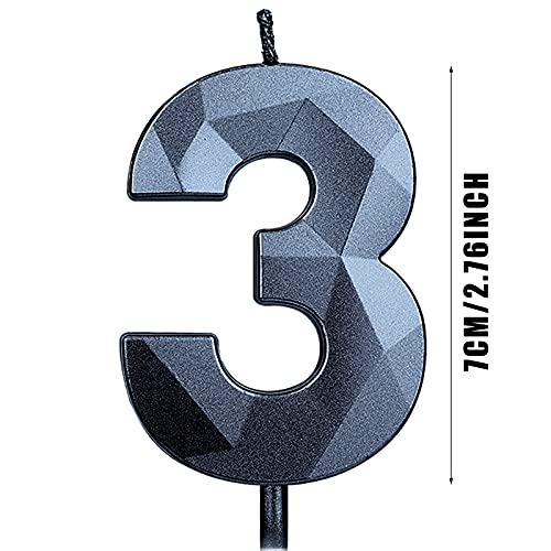 KINBOM 7cm Velas de Cumpleaños con Números Grandes, Forma de Diamante 3D Velas Cumpleaños Numeros Decoración para Tartas para Bodas Aniversarios Fiestas de Graduación Número 3(Negro)