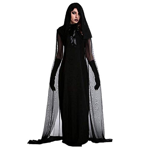 KIRALOVE Disfraz de Bruja - sacerdotisa - hechicera - Morticia - Novia Fantasma - Vampiro - Negro - Disfraces de Mujer - Halloween - Carnaval - Mujer niña - Talla l - Idea de Regalo Original Cosplay