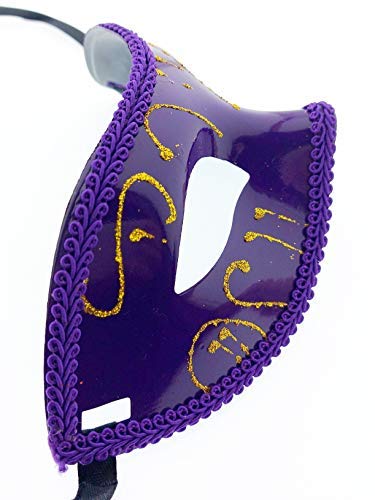 KIRALOVE - Máscara veneciana violeta con adornos dorados rígidos con purpurina de tela para disfraz de carnaval Halloween Cosplay Accesorios mujer hombre