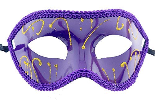 KIRALOVE - Máscara veneciana violeta con adornos dorados rígidos con purpurina de tela para disfraz de carnaval Halloween Cosplay Accesorios mujer hombre