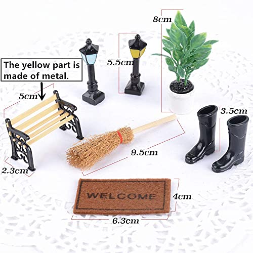 Kit de 7pcs Miniaturas 1/12 Accesorios Decoración Jardín Mueble - Planta, Banco del Parque, Alfombra, Luz de Calle * 2, Botas de Lluvia, Escoba