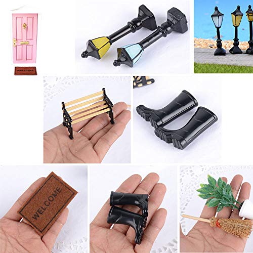 Kit de 7pcs Miniaturas 1/12 Accesorios Decoración Jardín Mueble - Planta, Banco del Parque, Alfombra, Luz de Calle * 2, Botas de Lluvia, Escoba