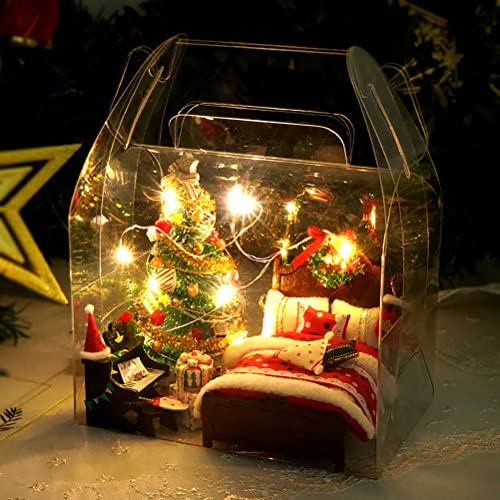 Kit De Casa De Muñecas En Miniatura De Bricolaje, Kit De Casa De Muñecas Navidad Invernadero De Madera Mini Muebles De Casa con Luces LED Colcha De Cama Almohada Piano Corona Navidad Regalos Navidad