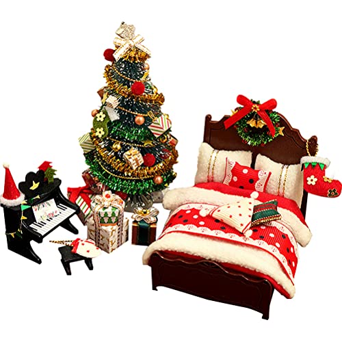 Kit De Casa De Muñecas En Miniatura De Bricolaje, Kit De Casa De Muñecas Navidad Invernadero De Madera Mini Muebles De Casa con Luces LED Colcha De Cama Almohada Piano Corona Navidad Regalos Navidad