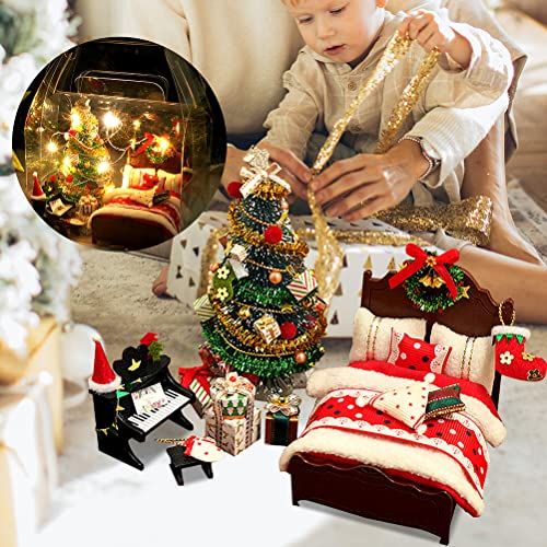 Kit De Casa De Muñecas En Miniatura De Bricolaje, Kit De Casa De Muñecas Navidad Invernadero De Madera Mini Muebles De Casa con Luces LED Colcha De Cama Almohada Piano Corona Navidad Regalos Navidad