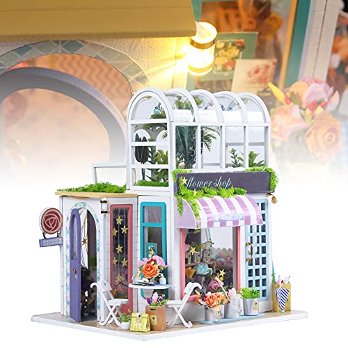 Kit De Casa De Muñecas En Miniatura, Modelo De Tienda De Flores De Bricolaje De Madera Juguetón con Luz LED para Niña para Niños para Casa De Juegos para Niño