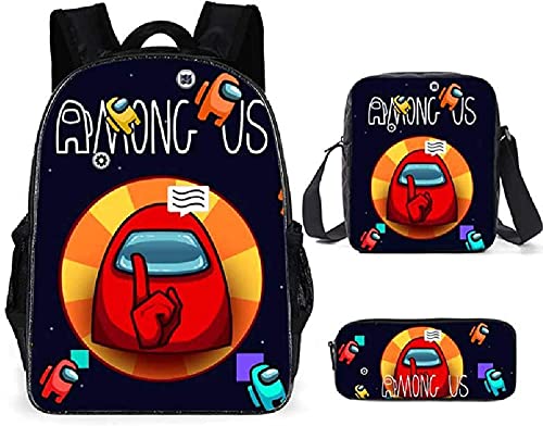 KKP SET 3 PCS Mochila Among Us Escolar Infantil ,Estuche escolar lápices y Bolsa Merienda de Cuerdas, Mochila Juego el Impostor para Niños Con Diseño 3D Ideal Set Para Colegio