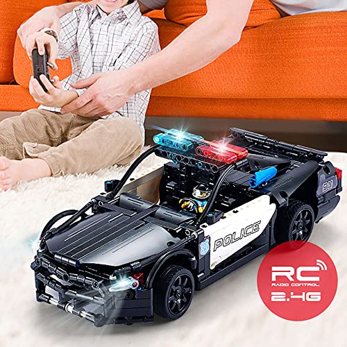 Klobvtt Juego de bloques de construcción de coches de policía RC para niños, juguetes STEM, coches de policía a control remoto, ladrillos de construcción, kits de Roadster, juguete de carreras, juegos