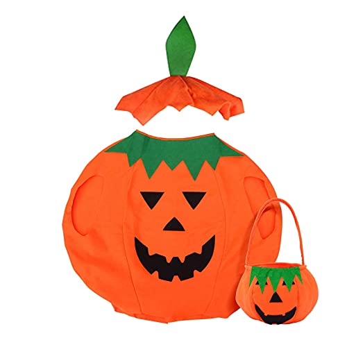 KOIROI Disfraz de Calabaza, Disfraz Infantil de Calabaza, Disfraz Infantil de Calabaza, Disfraz de calabaza infantil con Gorro y Bolsas de Dulces para Niños, Halloween, Carnaval,(Naranja)