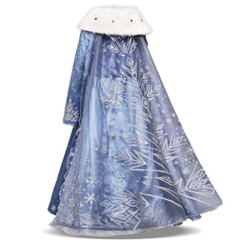 Kosplay Niñas Cosplay Vestido de Princesa Elsa con Capa Vestido de Manga Larga Vestido Azul de Cuello Blanco Disfraz Ceremonia de Fiesta Halloween Navidad 3-9 años 100-150cm