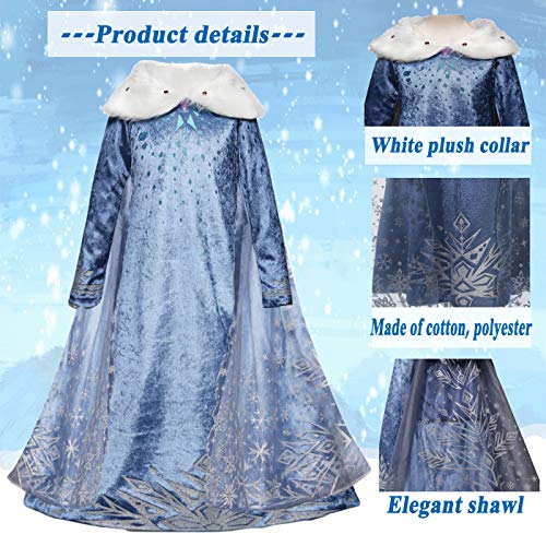 Kosplay Niñas Cosplay Vestido de Princesa Elsa con Capa Vestido de Manga Larga Vestido Azul de Cuello Blanco Disfraz Ceremonia de Fiesta Halloween Navidad 3-9 años 100-150cm