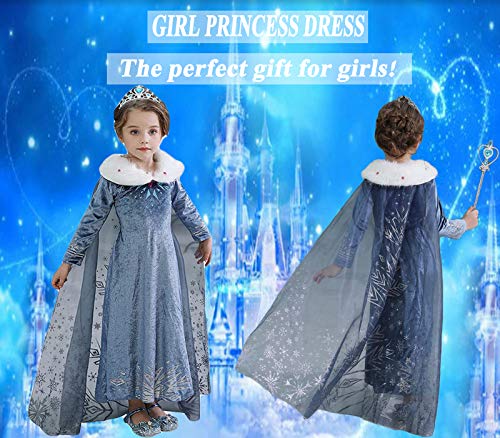 Kosplay Niñas Cosplay Vestido de Princesa Elsa con Capa Vestido de Manga Larga Vestido Azul de Cuello Blanco Disfraz Ceremonia de Fiesta Halloween Navidad 3-9 años 100-150cm