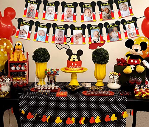 Kreatwow Mickey 1st Birthday Photo Banner Hito mensual Recién nacido a 12 meses Photo Banner para Mickey y Minnie Primer cumpleaños Fiesta Decoraciones Suministros