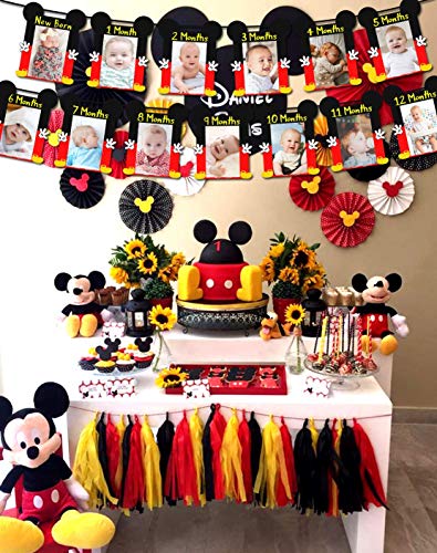 Kreatwow Mickey 1st Birthday Photo Banner Hito mensual Recién nacido a 12 meses Photo Banner para Mickey y Minnie Primer cumpleaños Fiesta Decoraciones Suministros