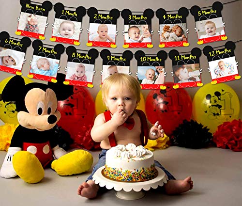 Kreatwow Mickey 1st Birthday Photo Banner Hito mensual Recién nacido a 12 meses Photo Banner para Mickey y Minnie Primer cumpleaños Fiesta Decoraciones Suministros